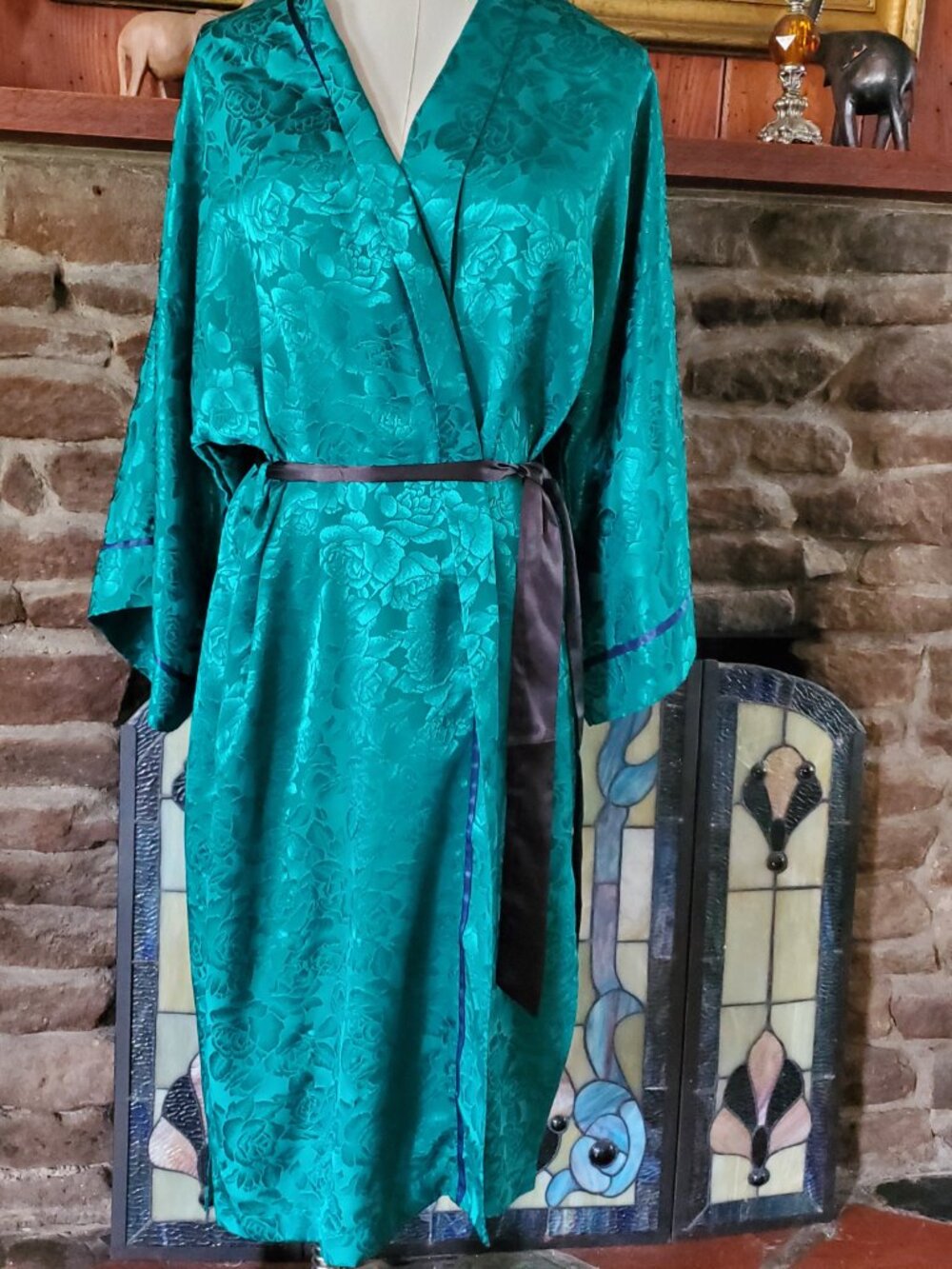 Vtg Victoria Secret Gold Label Emerald Green Satin Kimono Robe Rose Jacquard OS